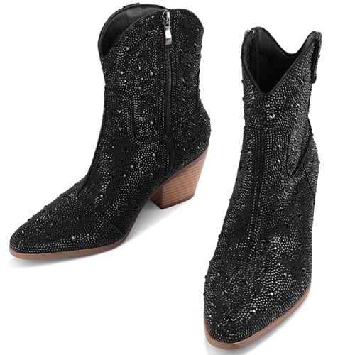 Image of Cowgirl Ankle Boots Cowboy Boots for Women Western Booties Rhinestone Chunky Heel Fashion Comfortable Side Zipper