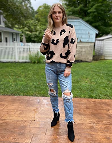 Ii Inin Women's Leopard Pullover Sweater Casual Sweatshirt Crew Neck Long Sleeve Knit Tops Blouse(Khaki With Leopard Print,S) #TOP3