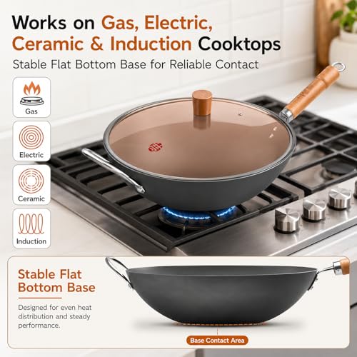 WANGYUANJI 13.4 Inch Carbon Steel Wok Pan with Glass Lid, Flat Bottom Chinese Stir Fry Wok for Induction, Gas and Electric Stoves, Uncoated Iron Wok for Stir Frying, Sautéing and Deep Frying — view 2