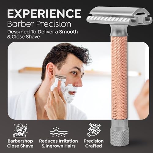 Image of Parker THE VARIANT CLOSED COMB - ADJUSTABLE Double Edge Safety Razor, Customize your Shave with a Turn of the Dial from Mild to Aggressive - 5 Blades Included (ROSE GOLD)