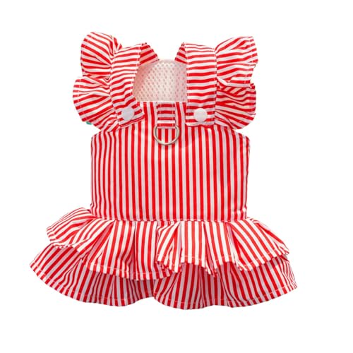 HDKUW Retro Summer Dog Dresses with D-Ring, Y2K Vintage Pet Outfits for Dogs & Cats, Cute Breathable Costume for Puppy Parties Fashion & Photo Shoots Red Stripe M