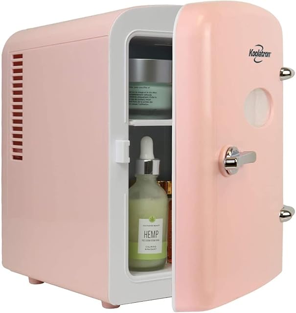 Koolatron Retro 4L 6 Can Portable Mini Fridge Compact Refrigerator for Bedroom Skincare Cosmetic Beauty Personal Cooler 12V and AC Cords, Desktop Accessory for Home Office Car Dorm Travel (Pink)