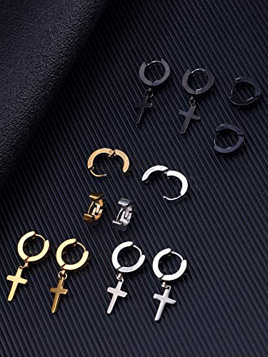 Hicarer 6 Pairs Hoop Hinged Dangle Cross Earrings Unisex Punk Earrings Hoop Earring and Stud Earring for Men and Women Wearing (Style Set 1)(Style Set 1)4