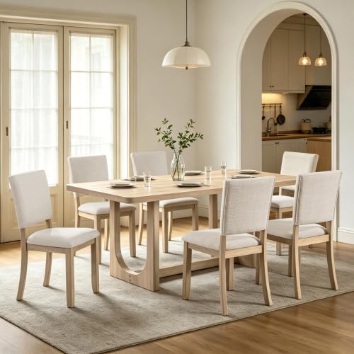 Image of KEIKI 7-Piece Standard Height Dining Table Set with Rectangular Table, 6 Upholstered Curved Backrset Chair, for 6 Person, Modern Style Table Set, Easy Assembly, for Kitchen, Dining Room, Light Oak