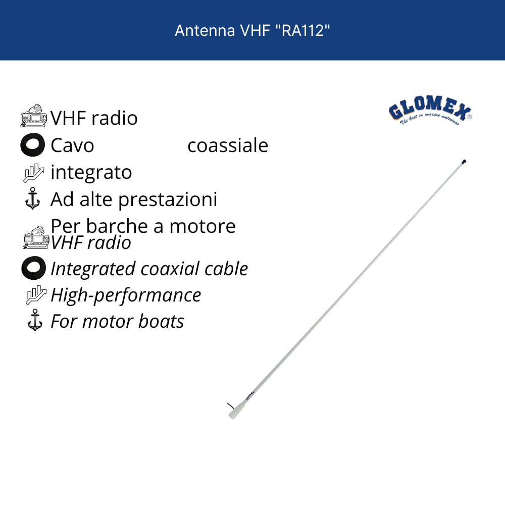 Glomex Antena VHF RA112 1,5 m 3 dB Fibra de Vidrio para Barcos a Motor