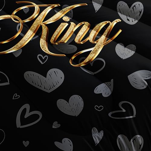 Image of AILONEN Queen & King Bedding Set Full Size for Men Women Couples,Luxury Crown Comforter with 2 Pillowcases,3-Piece Black & Red Hearts Quilt Set for Bedroom Decor