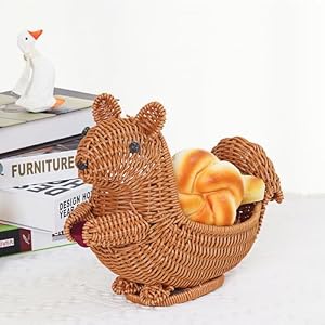 MochiGo ラタン調クリエイティブなリス柄リビング収納バスケット 家庭用フルーツ・お菓子バスケット 編み込みキャンディーバスケット フルーツバスケット 耐熱・水洗い可能 軽量・丈夫 (小サイズ：22cm×19cm×10cm) [並...