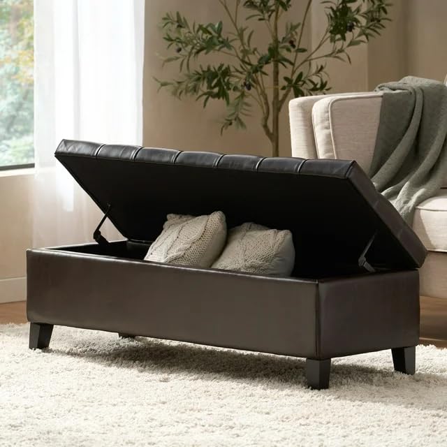 espidoo Storage Ottoman Bench for Living Room: 300 lbs Capacity - 51.18" L x 17.52" W Footrest & Hidden Storage - Dark Brown PU Tufted Seat with Rubber Wood Legs