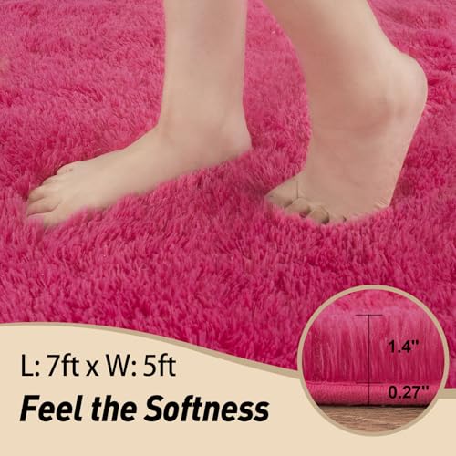 5x7 Rugs for Living Room, Large Fluffy Area Rugs for Bedroom, Soft Carpet Shag Kids Rug with 4 Non-Slip Rug Pads (Hot Pink, 5ft x 7ft)