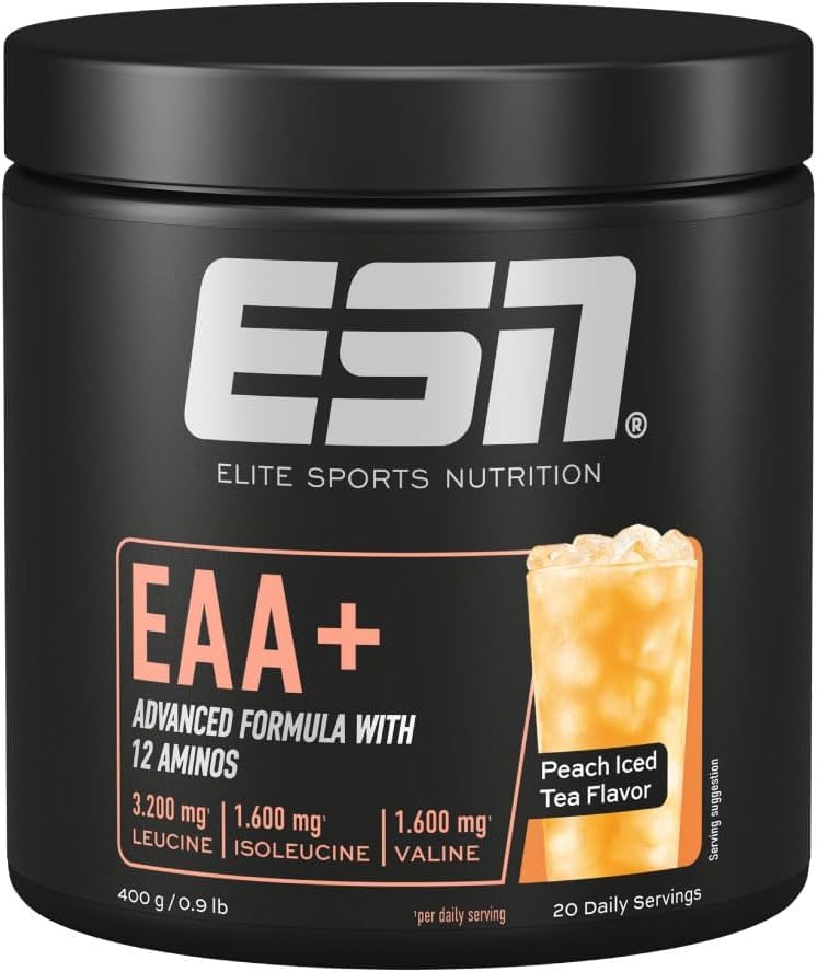 ESN EAA+, Peach Iced Tea, 400 g, tutti e 9 gli aminoacidi essenziali (EAA) e vitamina B6, 3,2 g di leucina per porzione, solubilità ottimale, vegano - prodotto in Germania