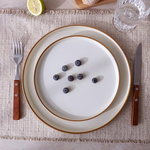 Image of Famiware Nebula Plates and Bowls Sets for 4, 12 Pieces Stoneware Dinnerware Set, Microwave and Dishwasher Safe Dishes Set, Vanilla White with Brown Rim