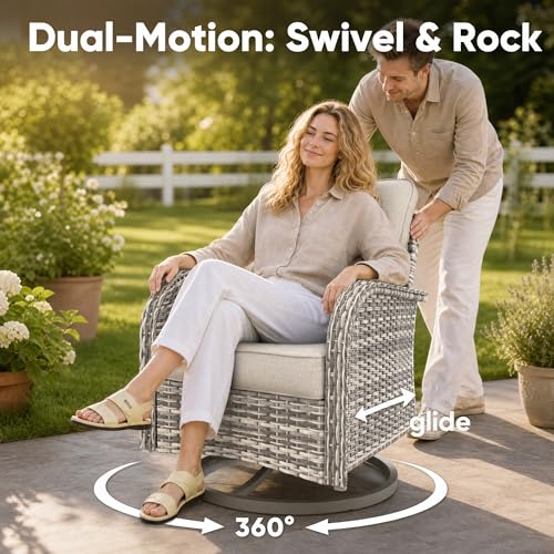 Image of Outdoor PE Wicker Rattan Modular Patio Sectional Sofa Set | 13-Piece: 6 Modular Seats, Coffee Table, 2 Swivel Rocking Chairs, Side Table, 2 Ottomans & 55,000 BTU Fire Pit Table, Khaki