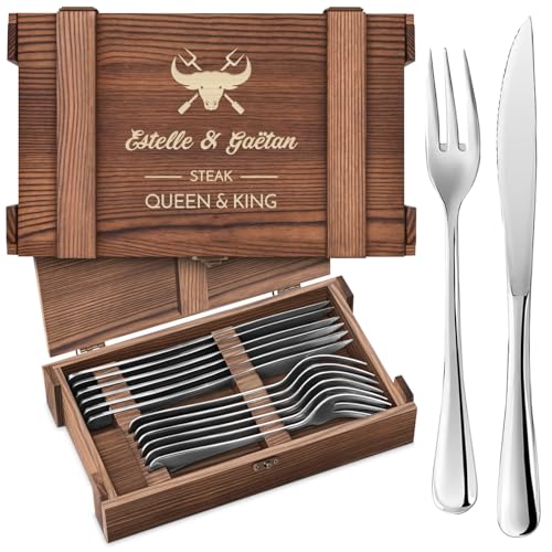 Maverton Couverts de Table à Steak - 6 Couteaux a Steak et 6 Fourchette a Viande dans un Coffret Cadeau Couple Personnalisé - Set De Table avec Boîte en Bois - Cadeau Personnalisé Femme