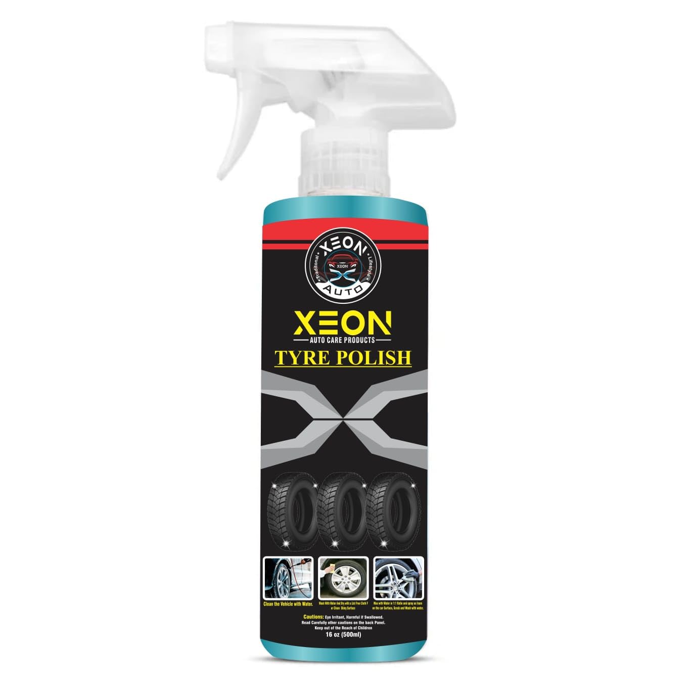 Xeon AutoCar Tyre Polish High Gloss Shine - 473ml, Deep Black Rubber Protection (Blue) (Pack 1) ملمع إطارات السيارات شديد اللمعان - 473 مل، حماية مطاطية سوداء عميقة تدوم طويلاً (أزرق) (عبوة 1)