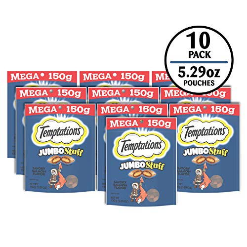 TEMPTATIONS Jumbo Stuff Crunchy and Soft Cat Treats Savory Salmon Flavor, 5.3 oz. Pouch (Pack of 10) - Image 2