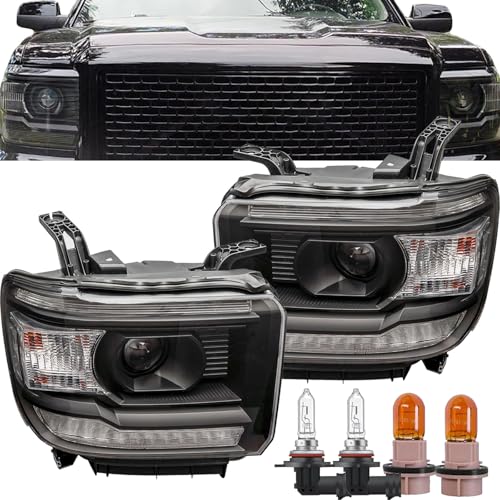 Headlight Assembly For 2014 2015 2016 2017 2018 GMC Sierra 1500 Head lights for 2015-2019 GMC Sierra 2500HD 3500HD Headlamp Halogen w/LED DRL Replacement L+R Black Hosuing Clear