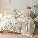 Lanqinglv Double Duvet Cover Set Beige White Ruffle Shabby Chic Bedding Set Washed Microfiber Quilt Duvet Cover Single with Zipper Closure and 2 Pillowcases 50x75cm