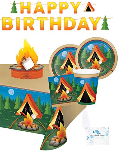 Camping Party Supplies and Decorations - Camping Party Plates and Napkins Cups for 16 People - Includes Camping Birthday Banner, Tablecloth and Centerpiece - Perfect Camping Birthday Party Decorations and Camping Birthday Party Supplies!