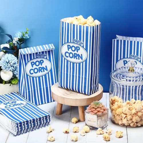 Image of Potchen 300 Pcs Paper Popcorn Bags Bulk 2 oz Large Individual Serving Popcorn Bag Flat Bottom Disposable Container Vintage for Movie Night Themed Summer Back to School Party Carnival (Dark Blue)