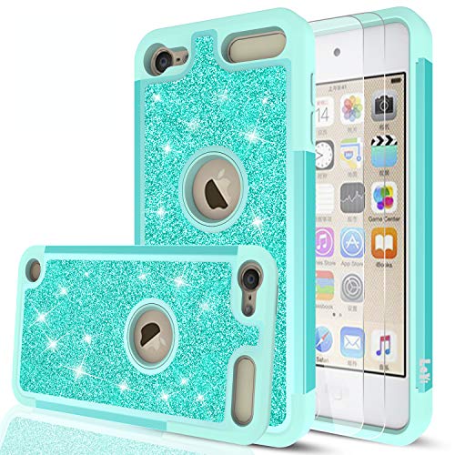 LeYi for iPod Touch 7 Case, iPod Touch 6 Case, iPod Touch 5 Case with Tempered Glass Screen Protector [2 Pack] for Girls Women,Glitter Heavy Duty Phone CaseTP Mint