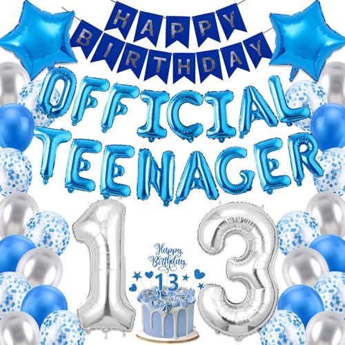 Image of 13th Birthday Decorations for Boys, Blue Sliver Happy Birthday Banner, OFFICIAL TEENAGER Numbers 13 Foil Balloon and Cake Topper for 13 Birthday Boy Decorations