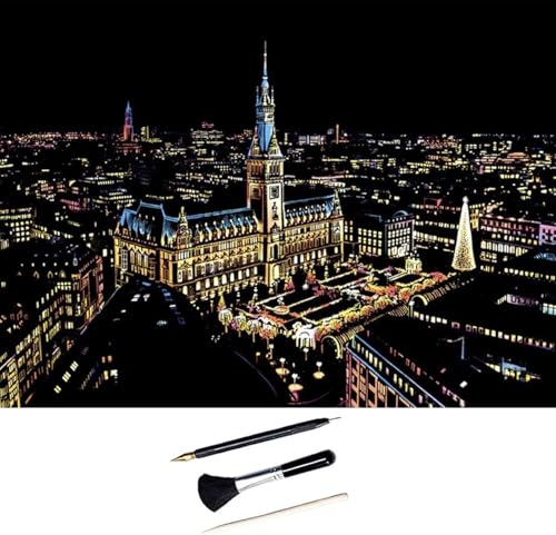 ShipeeKin Kratzbilder für Erwachsene 405 x 285mm A3 Sehenswürdigkeiten Wandbild, Beschichtete Bunte Kratzpapier mit Werkzeug Set (Hamburg)