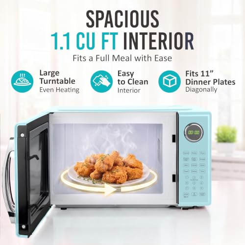 Image of Nostalgia Retro Microwave Oven - 1.1 Cu Ft, 1000-Watt Countertop Size with Glass Turntable, Child Safety Lock, 8 Auto-Cook Programs, Digital Clock - Aqua