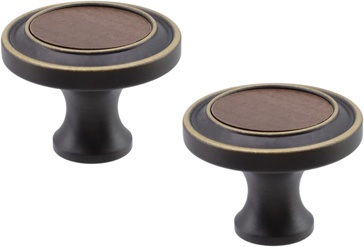 Round Wooden Single Hole Drawer Handles Brass and Walnut Grain Cabinet Knob 1.18 Inch Dresser Vanity Modern Furniture Door Hardware Pulls for Cupboard Closet Wardrobe,2 Pcs (Coffee Bronze)