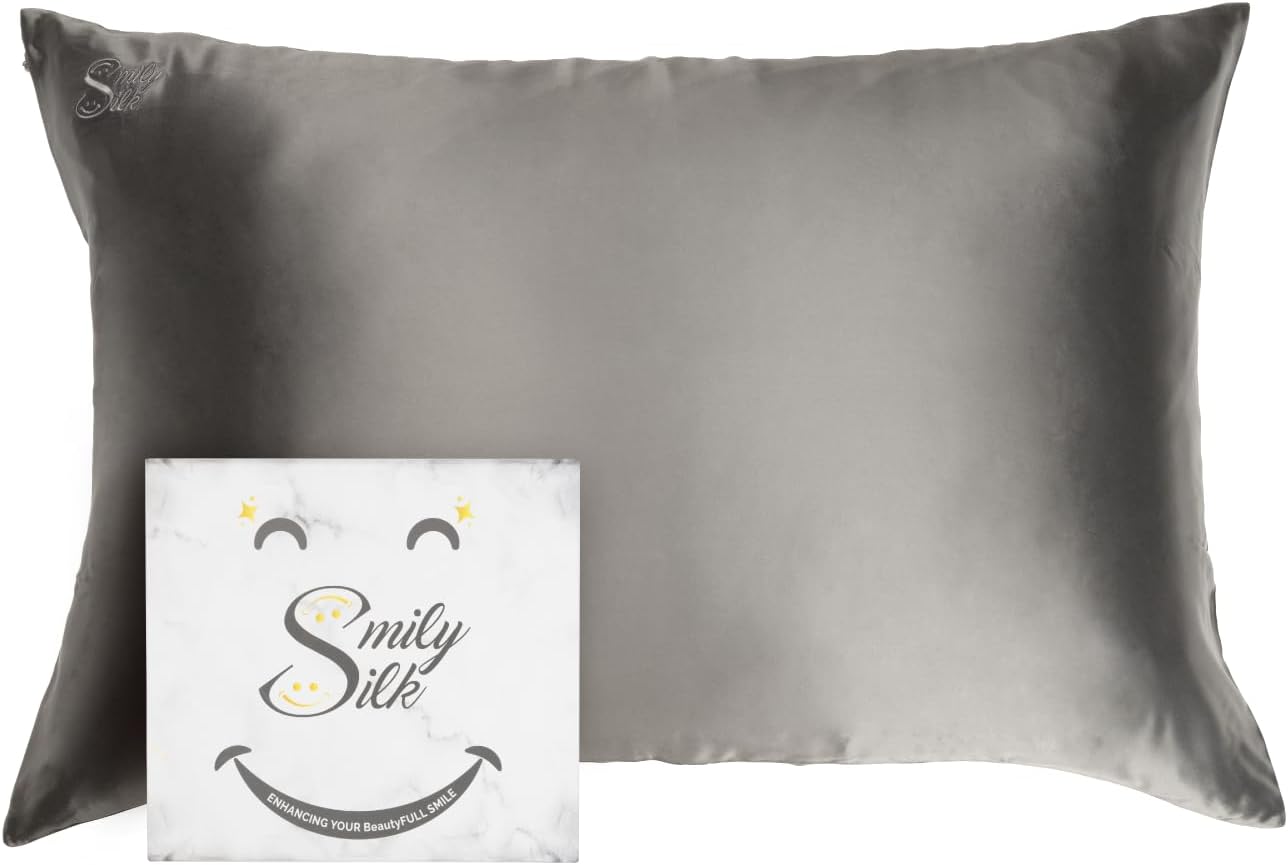 Smily Silk Pillowcase - 100% Pure Mulberry Silk 22Momme Highest Grade 6A - Cooling and Breathable - Silk Pillowcase for Hair and Skin Set - Standard Size - 2 Scrunchies -1 Laundry Mesh - Hidden Zipper