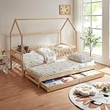 [en.casa] Kinderbett mit Ausziehbett Aarghonmaa Hausbett 90 x 200 cm Holzbett für Kinder Bettgestell inkl. Lattenrost Rausfallschutz und 2 Schubladen Kiefernholz Natur