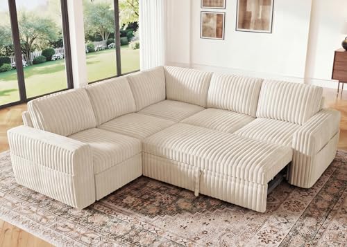 HONBAY Modular Sectional Sleeper Sofa with Pull Out Bed Corduroy L Shaped Couch with Storage Sectional Couches for Living Room Beige