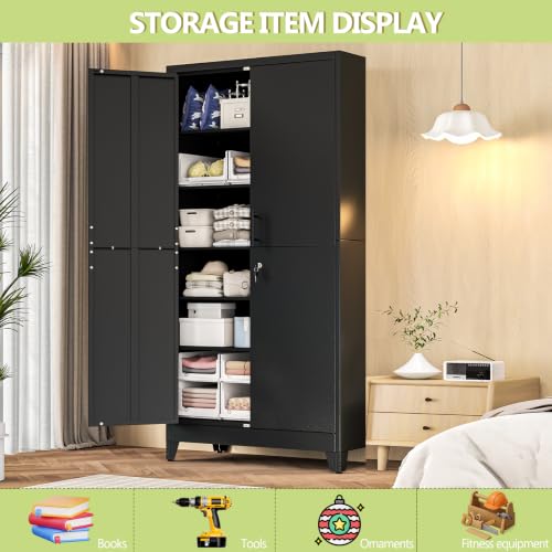 Image of Black Kitchen Pantry Cabinets, 79 Metal Lockable Storage for Office