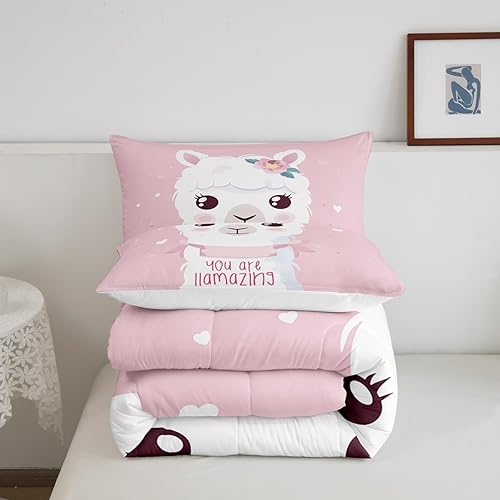 Miniatura 5 de Feelyou Lindo juego de edredón de llama, tamaño individual, suave, juego de ropa de cama de alpaca con llama rosa con funda de almohada, lindo