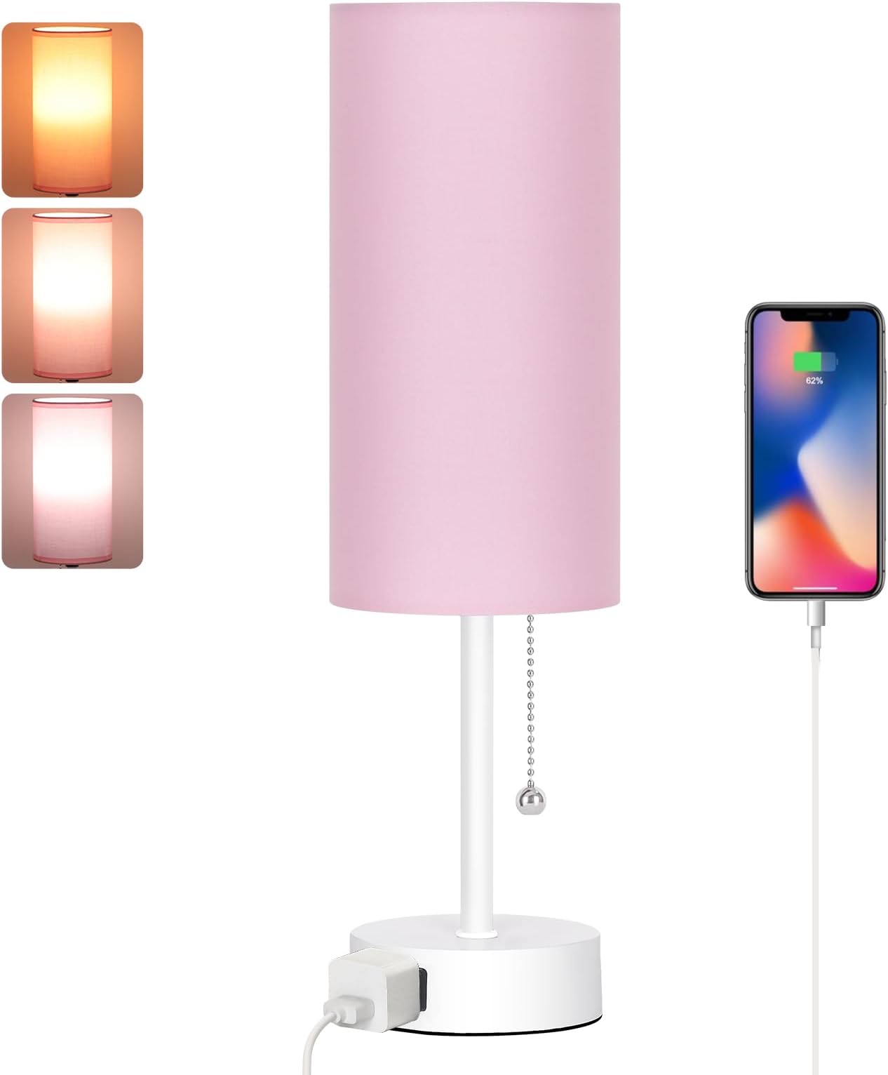 Dott Arts Table Lamp for Bedroom, 3-Color Bedside Lamps with Pull Chain, Bedroom Table Lamps for Nightstand,AC Outlet Small Lamp for Living Room, Bulb Included Pink