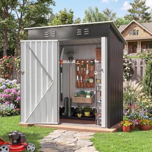 Image of Polar Aurora Outdoor Storage Shed 5 x 3 FT Black | Metal Garden Shed with Updated Frame Structure, Tool Sheds for Backyard Garden Patio Lawn