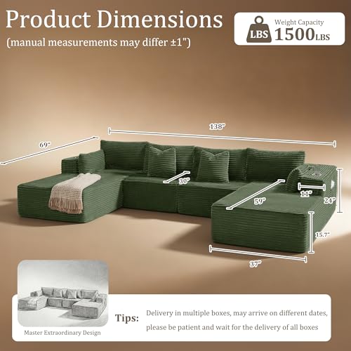Image of 138 inch Cloud Sectional Couch, Comfort U Shaped Sofa for Living Room, Extra Deep Seats No Assembly, Minimalist Modular Couch, Corduroy (Olive Green, 6 Seats,U-Shape C)