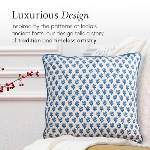 CPC 100% Cotton Throw Pillow Covers 18x18 Inch, Set of 2 Blue Block Print Pattern Couch Pillow, Cute Boho Decorative Pillows for Living Room, Bedroom with Hidden Zipper- Apatite Blue