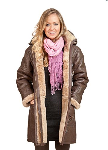 Women's Brown Long Winter Hooded Real Shearling Sheepskin Leather Duffle Coat