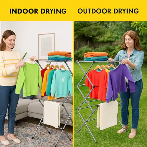 UR CHOICE 3-Tier Foldable Clothes Airer Drying Rack, 12M Indoor & Outdoor Clothes Horse with 11 Thickened Poles | Space Saving Laundry Stand for Towels & Garments | 20kg Load, 73×37×115cm - Image 3