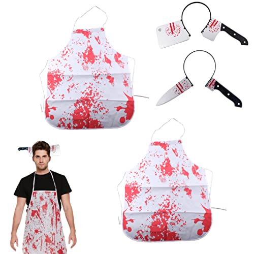 Halloween décoration de fête,2 pièces Tablier de sang pour Halloween,2 pièces couteaux de bandeau,tablier de boucher d'horreur d'Halloween,pour le cosplay de zombies d'halloween Cover