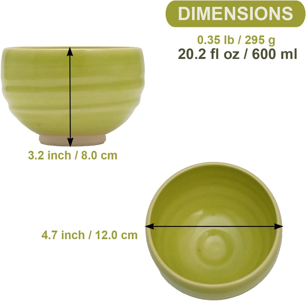 Kyoto Kiyomizu-yaki Earthenware Matcha Bowl - Rokuro Suji – 20.2 fl oz Charming Form, Lead-Free, Gift Box Included - Ideal for Tea and Café au Lait Made in Japan (Yellow Green)