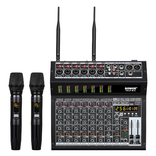 Image of BOMGE PD-8MIC Professional 650w Powered Mixer, 8 Channel Sound Mixer With Dual Wireless Mic, USB, 256-Bit Effects, Bluetooth,48V for Live Bands and DJs