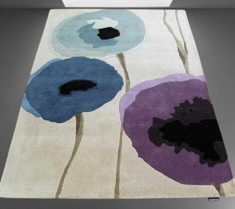 Poppies Handmade Tufted Rug Purple and Beige 100% Woolen Rug Large Rug Area Rug Room Living Room Kitchen & Dining Room Rugs 6x9 ft (10x10 ft)