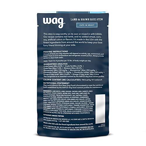 Amazon Brand - Wag Wet Dog Food Topper, Lamb & Brown Rice Stew In Gravy, 5.3 Oz Pouches (Pack Of 24) #TOP1