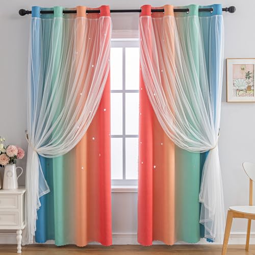 Image of Anytime Double Layer Dreamy Star Blackout Curtain 1 Panel W52 x L72,Rainbow | Princess Style Window Drapes for Kids Room Elegant Decor for Daughter Bedroom Living Room Soft Fabric Design