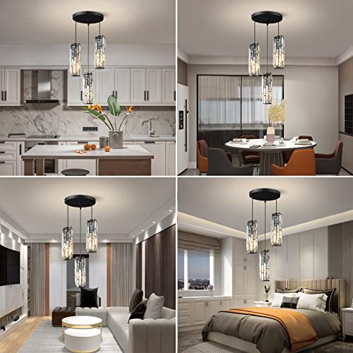 Image of LMQNINE 3 Light Black Pendant Lighting Modern Pendant Light, Mini Crystal Chandeliers,Adjustable Pendant Light Fixture for Kitchen Island Dinning Room Bedroom (Black 3-Light)