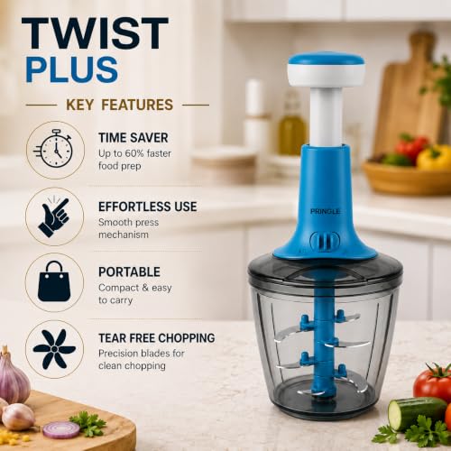 Image of PRINGLE 1000ml Manual Push Chopper for Vegetables & Fruits | 6 Sharp Stainless Steel Blades | Hand Press Onion Cutter with Twist Lock | Egg Beater Whisk Included | Multipurpose Food Chopper | Blue