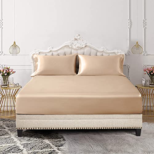 Image of SiinvdaBZX 3-Piece Set Satin King Fitted Sheet & 2 Pillowcase, Beige Silky Soft Fitted Bottom Sheet, Wrinkle Free, Fade Resistant, Deep Pocket Bed Sheet (Deep Up to 15 inch)