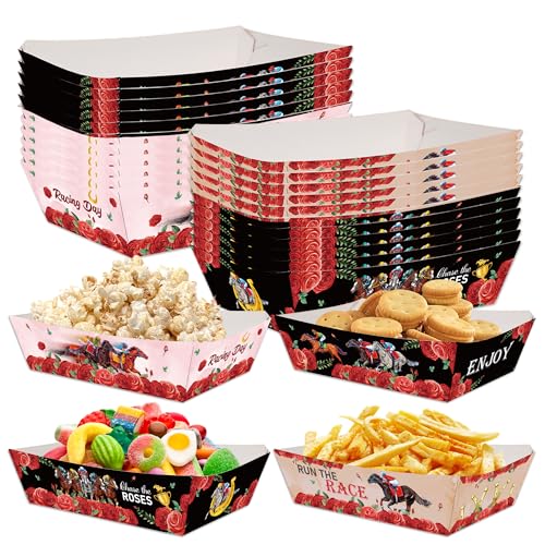 24 Pcs Horse Race Derbby Decorations, Horse Racing Snack Trays, Disposable Paper Food Trays, Rose Equestrian Designs, Derbby Day Party Supplies for Hot Dogs and Nachos