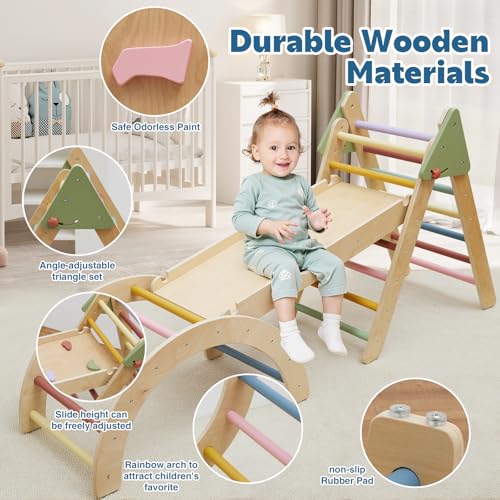 Image of Foldable Pikler Triangle Climbing Set Wooden 7 in 1 Montessori Climber Toys for Toddlers 1-3 Baby Jungle Gym Indoor Slide Playground with Ramp / Arch / Ladder Large Kids Activity Center Boy & Girl Gift
